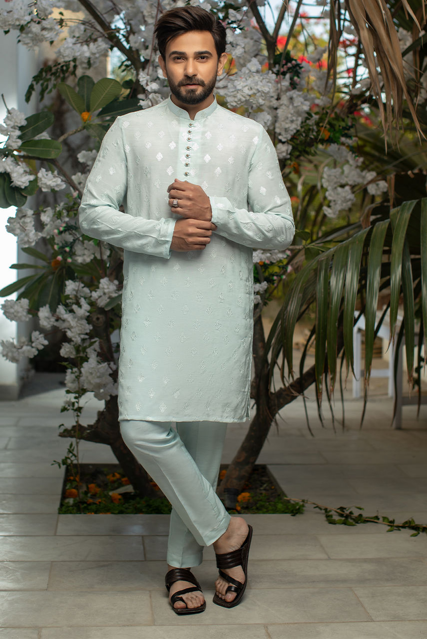 Ice Blue Embroidered Raw Silk Kurta Pajama (3-Piece) - Image 4