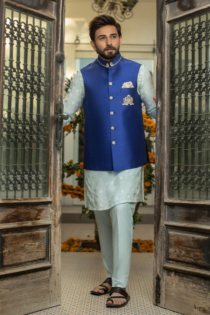 Ice Blue Hand-Embroidered Raw Silk Waistcoat Kurta (3-Piece) - Image 1