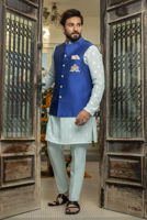 Ice Blue Hand-Embroidered Raw Silk Waistcoat Kurta (3-Piece) - Image 4