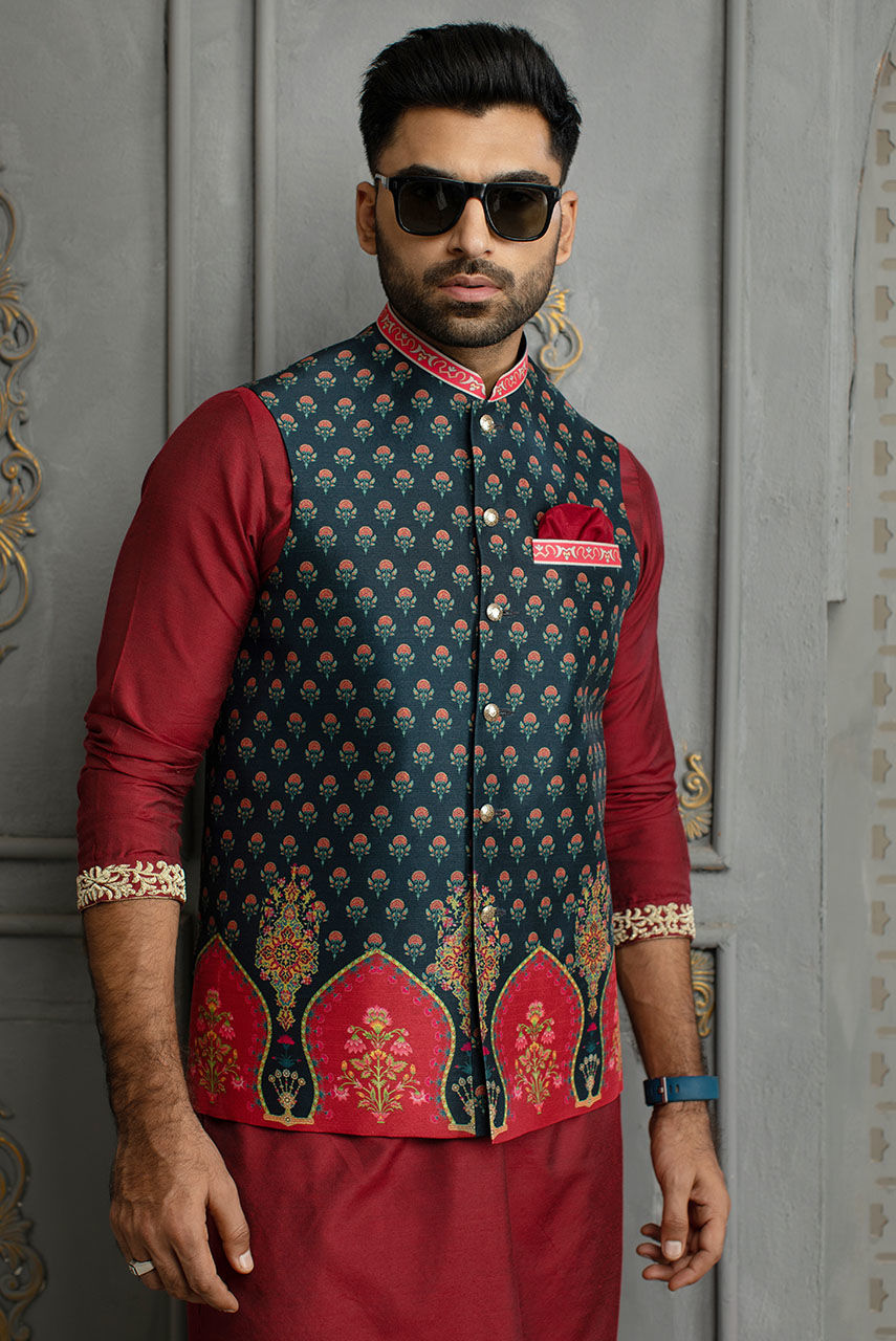 Blue Digital Printed Raw Silk Waistcoat (3-Piece) - Image 2