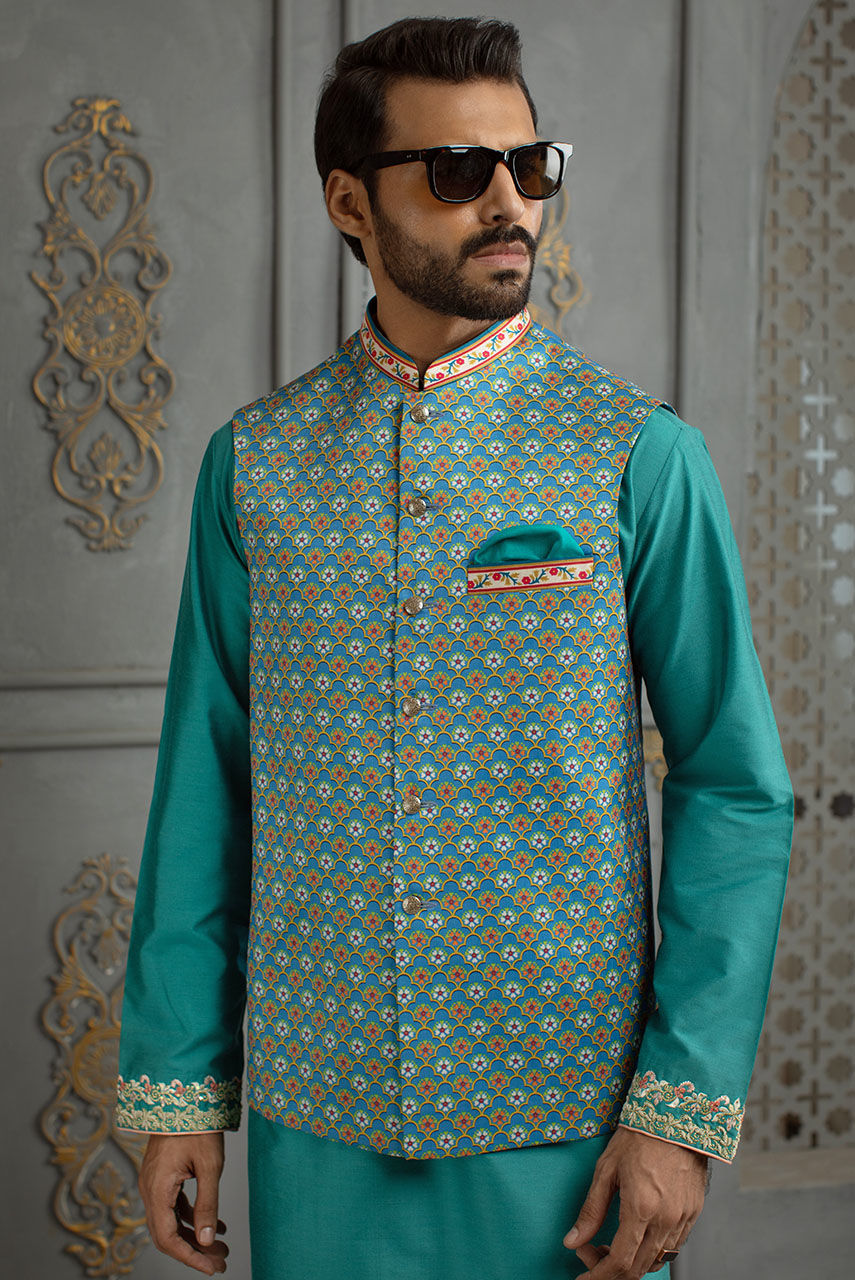 Blue Digital Printed Raw Silk Waistcoat Kurta (3-Piece) - Image 2