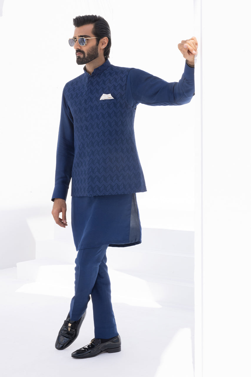 Cerulean Blue Embroidered Raw Silk Waistcoat Kurta (3-Piece) - Image 2
