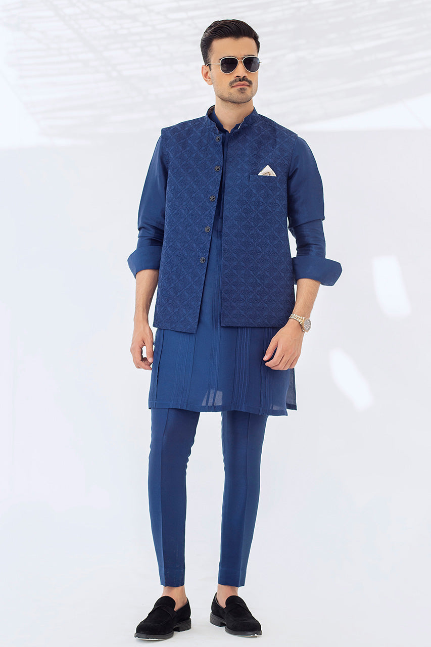 Cerulean Blue Embroidered Raw Silk Waistcoat Kurta (3-Piece) - Image 1