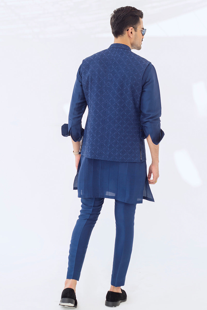Cerulean Blue Embroidered Raw Silk Waistcoat Kurta (3-Piece) - Image 3