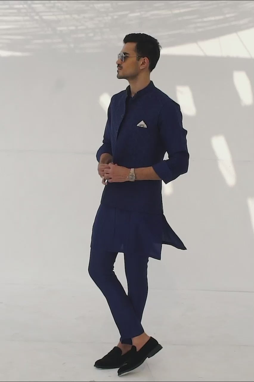 Cerulean Blue Embroidered Raw Silk Waistcoat Kurta (3-Piece) - Image 4