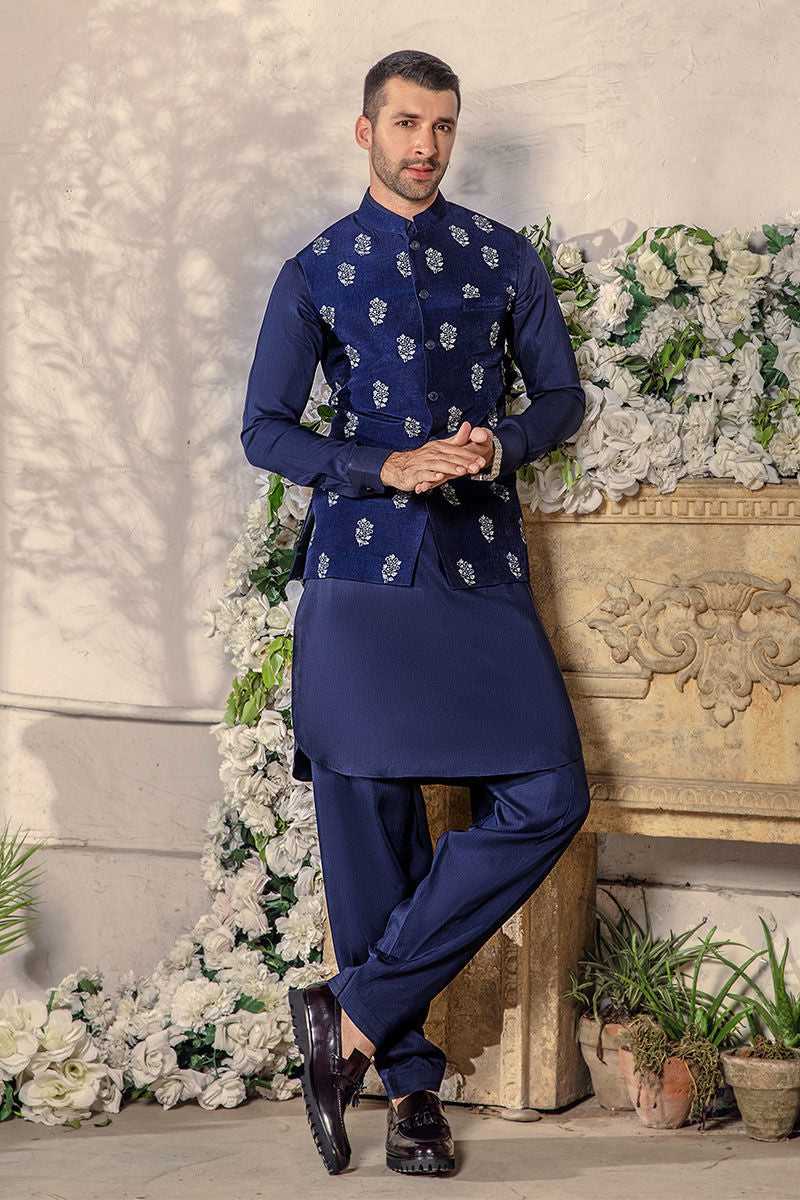 Midnight Blue Embroidered Riyon Silk Waistcoat Kurta (3-Piece) - Image 1