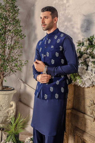 Midnight Blue Embroidered Riyon Silk Waistcoat Kurta (3-Piece) - Image 3