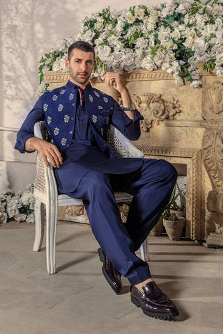 Midnight Blue Embroidered Riyon Silk Waistcoat Kurta (3-Piece) - Image 5