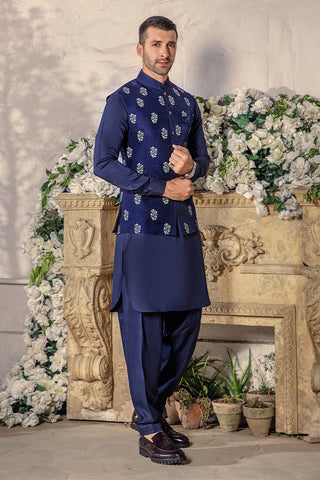 Midnight Blue Embroidered Riyon Silk Waistcoat Kurta (3-Piece) - Image 6