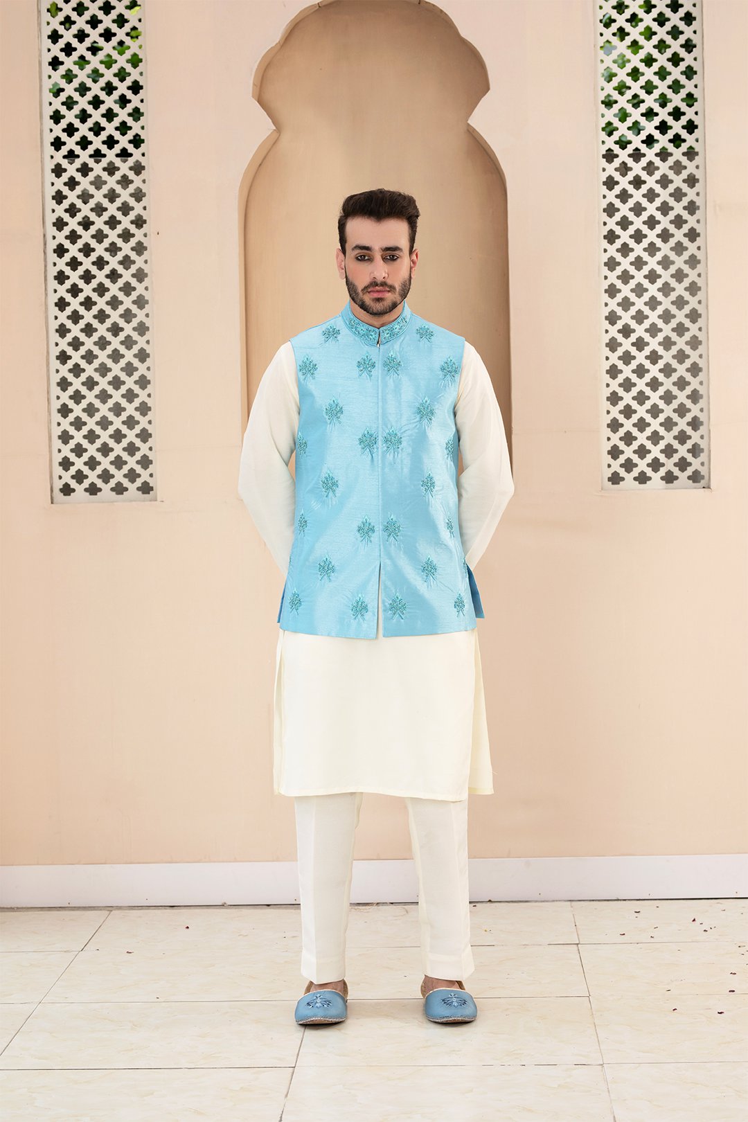 Ice Blue Ada Work Silk Waistcoat Kurta (3-Piece) - Image 1