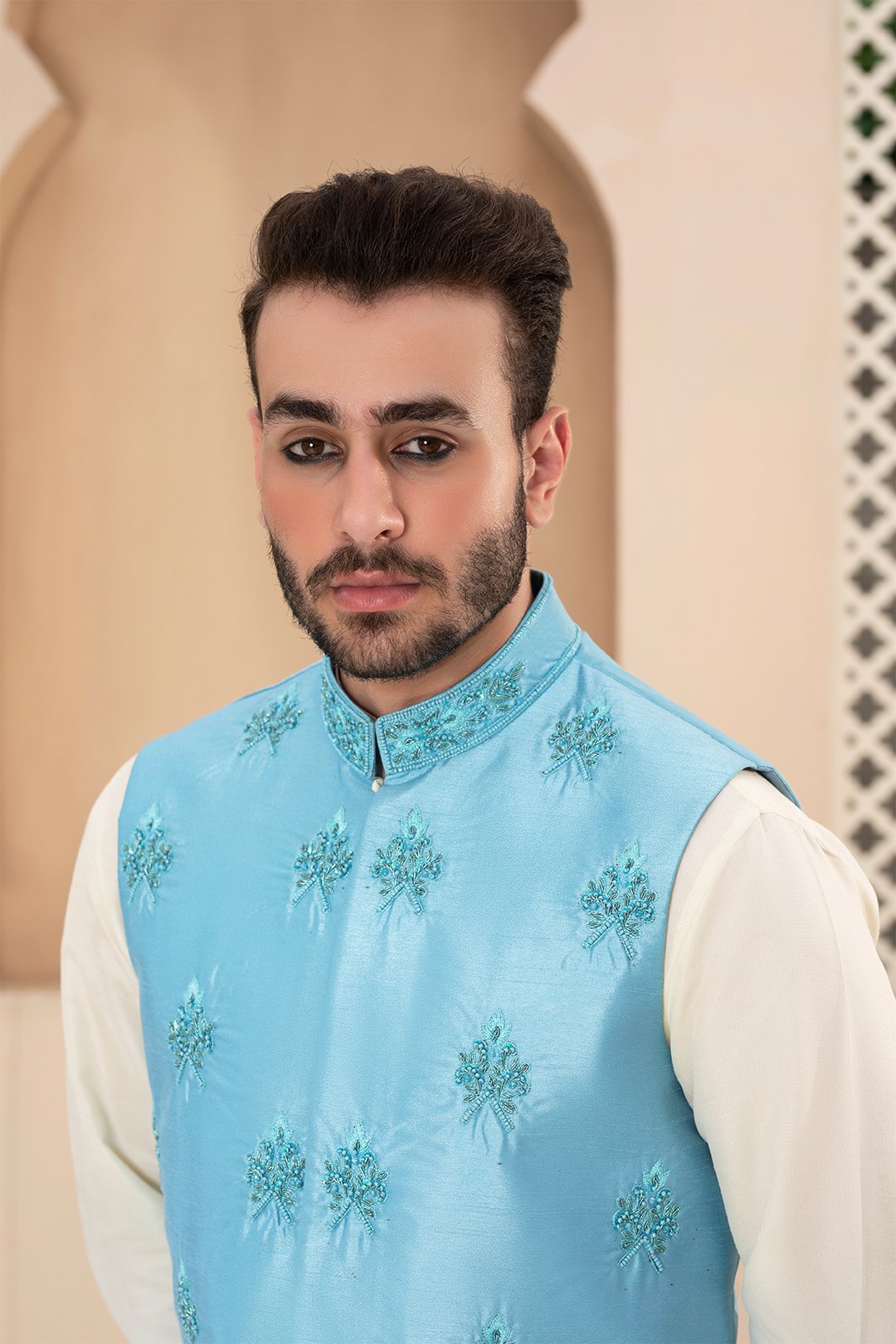 Ice Blue Ada Work Silk Waistcoat Kurta (3-Piece) - Image 4