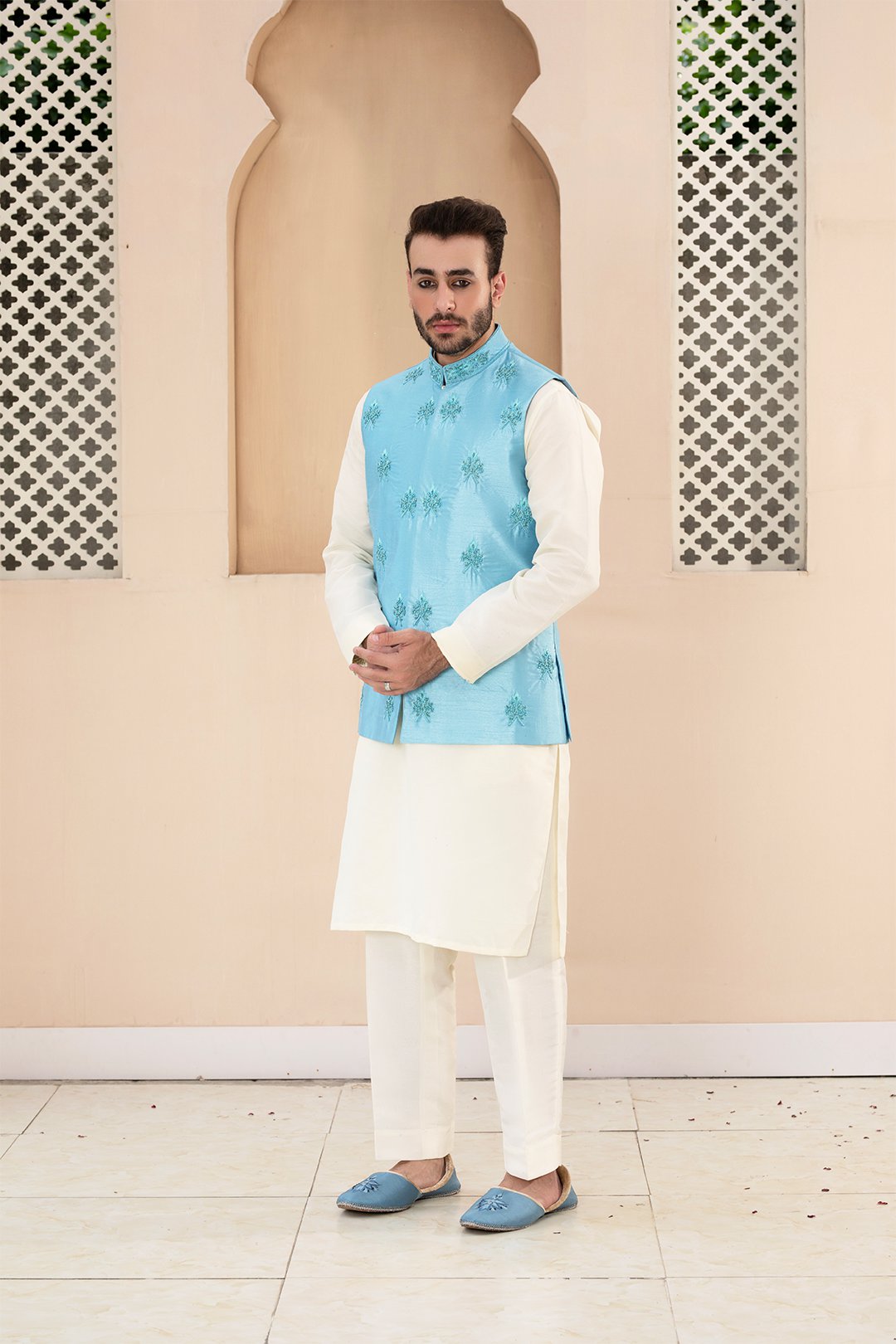 Ice Blue Ada Work Silk Waistcoat (3-Piece) - Image 2