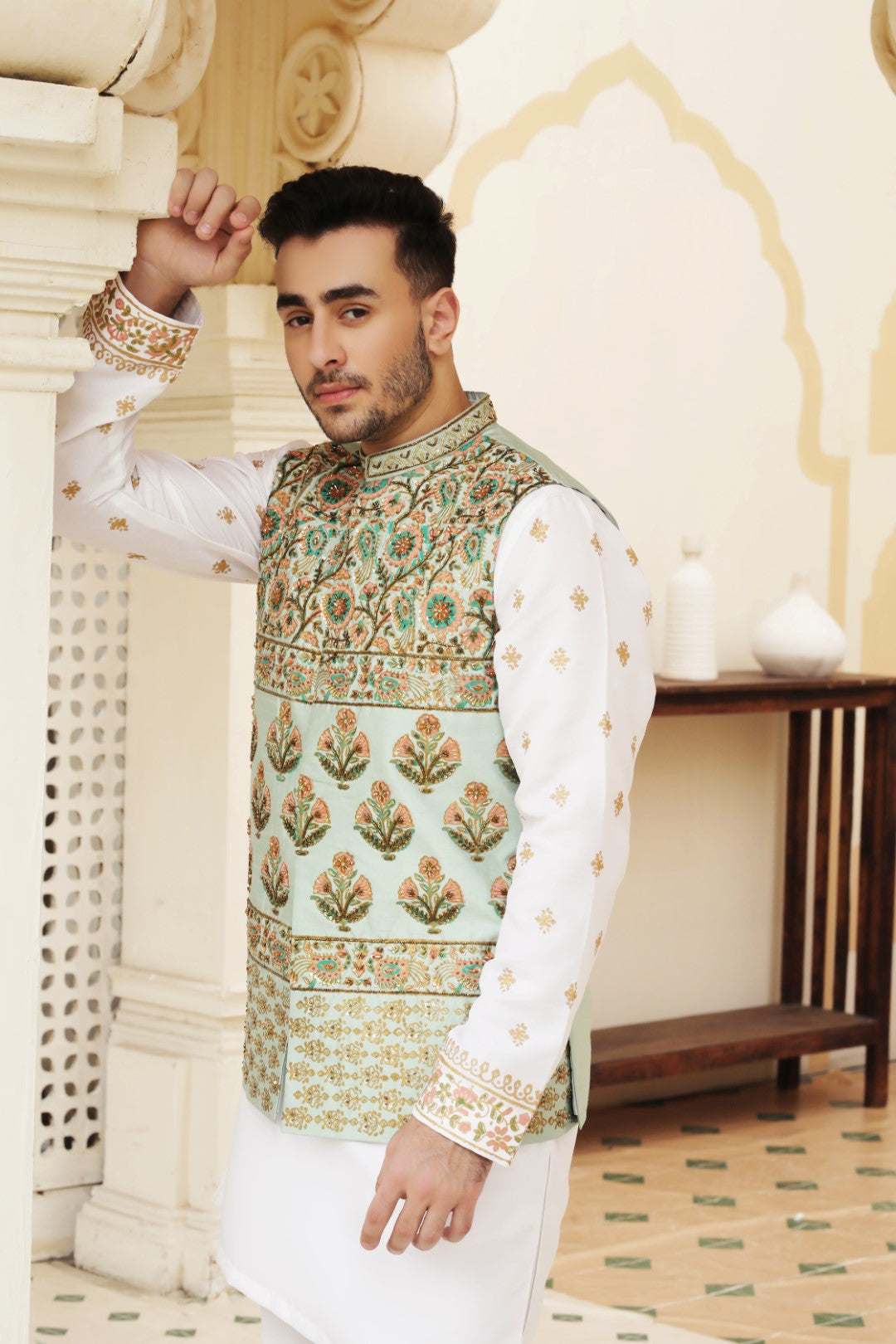 Ice Blue Ada Work Silk Waistcoat Kurta (3-Piece) - Image 4