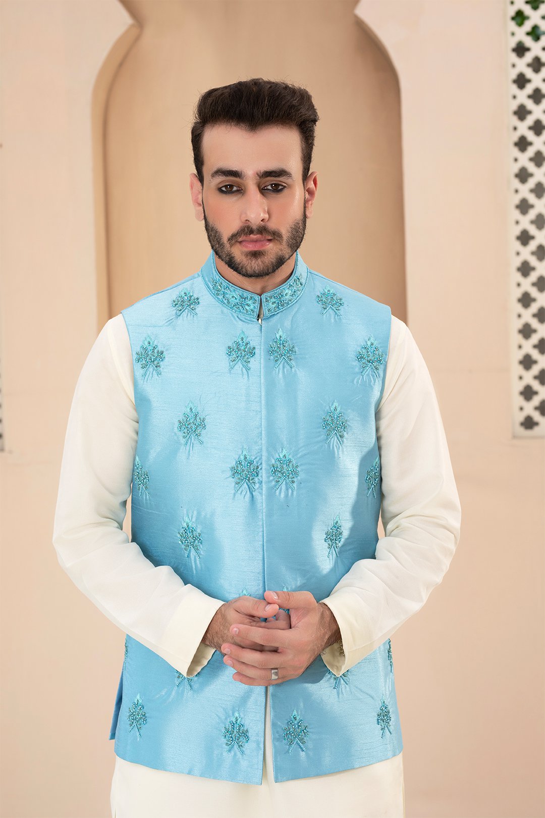 Ice Blue Ada Work Silk Waistcoat (3-Piece) - Image 3