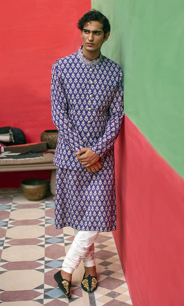 Blue Printed Silk-Blend Waistcoat Kurta (3-Piece) - Image 2