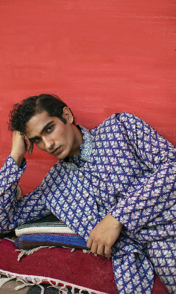 Blue Printed Silk-Blend Waistcoat Kurta (3-Piece) - Image 3