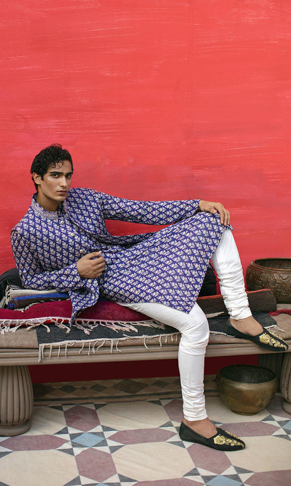Blue Printed Silk-Blend Waistcoat Kurta (3-Piece) - Image 4