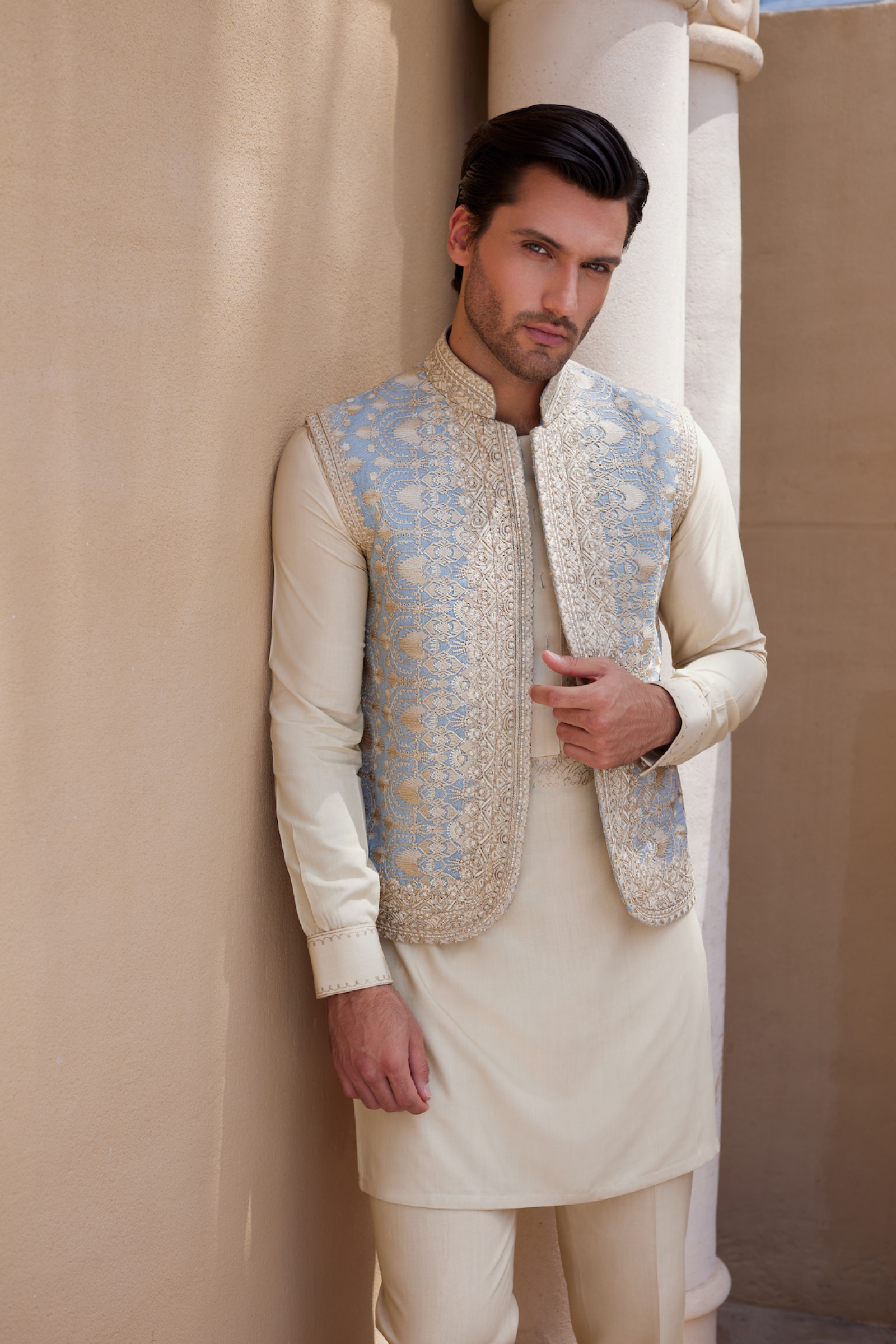 Aqua Cream Embroidered Silk-Blend Waistcoat Kurta (3-Piece) - Image 1
