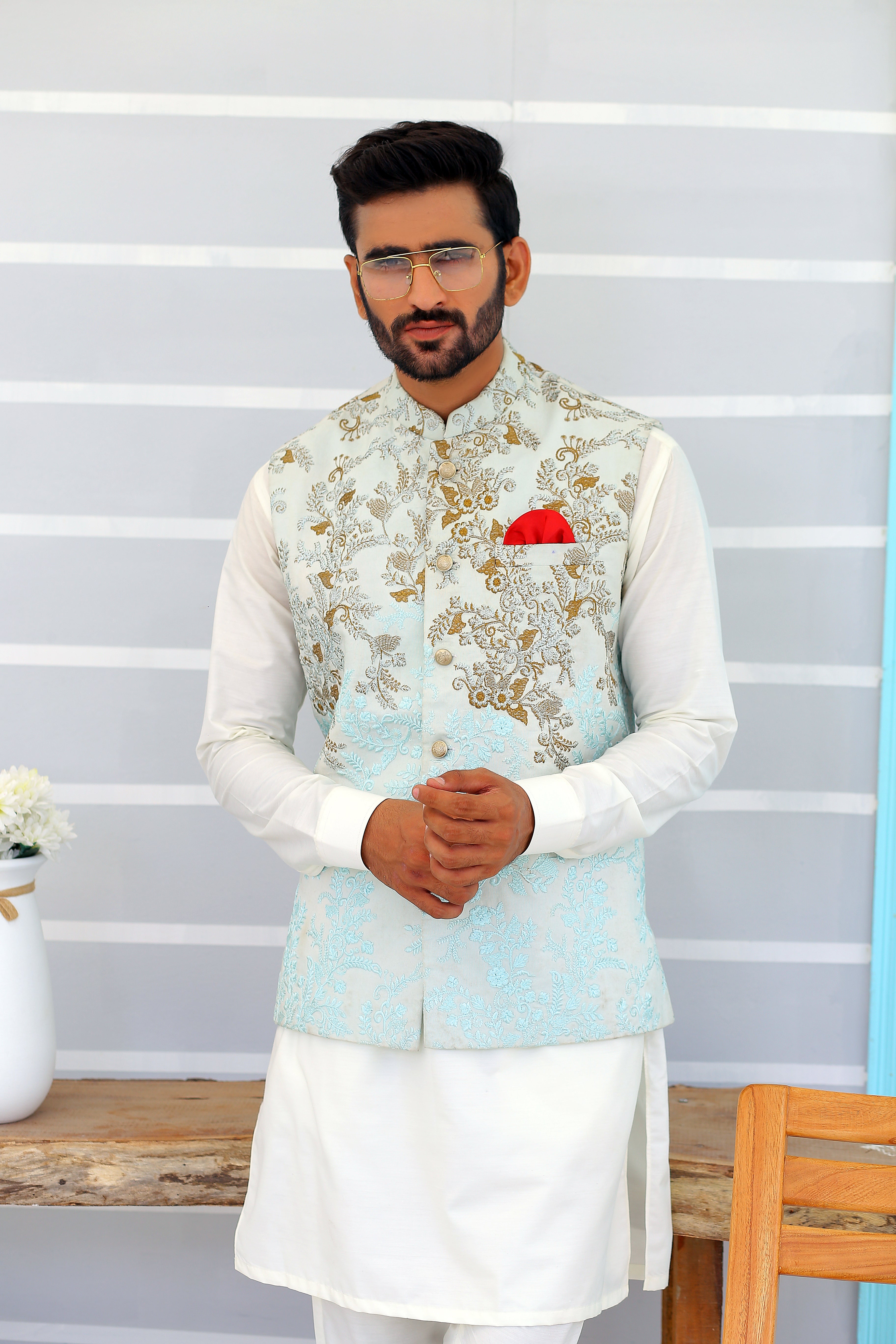 Sky Blue Embroidered Silk-Blend Waistcoat (3-Piece) - Image 1