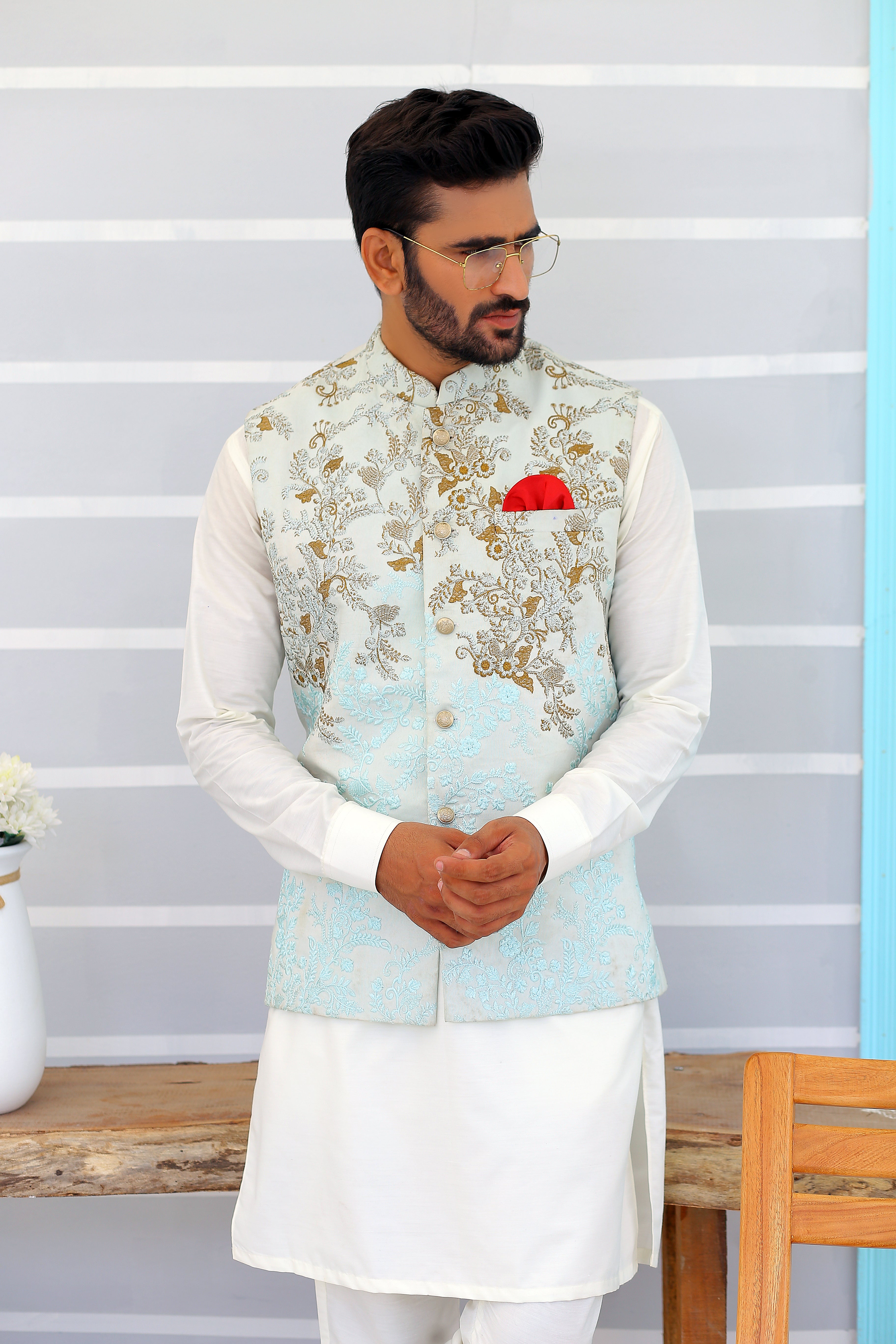 Sky Blue Embroidered Silk-Blend Waistcoat (3-Piece) - Image 2