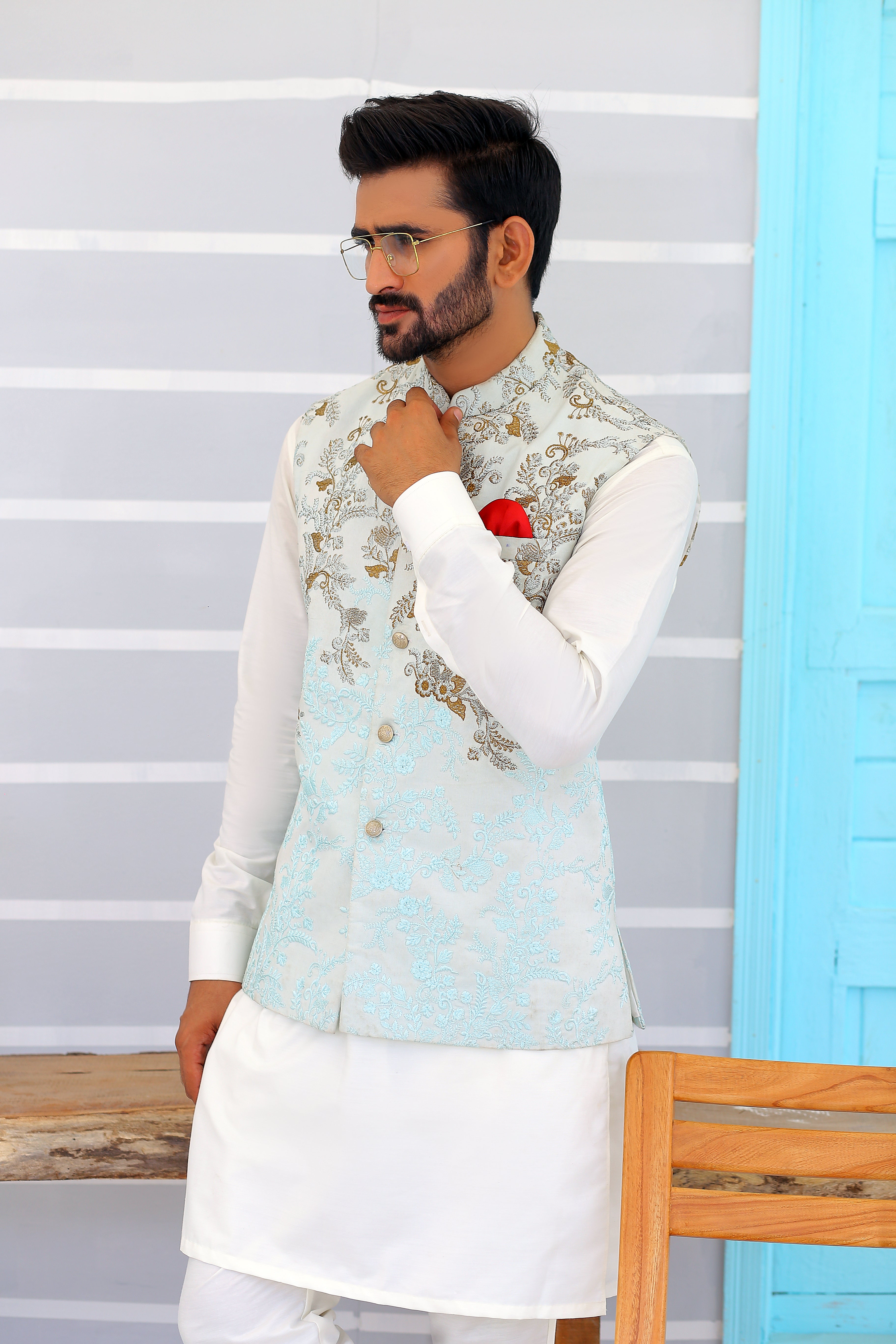 Sky Blue Embroidered Silk-Blend Waistcoat (3-Piece) - Image 3