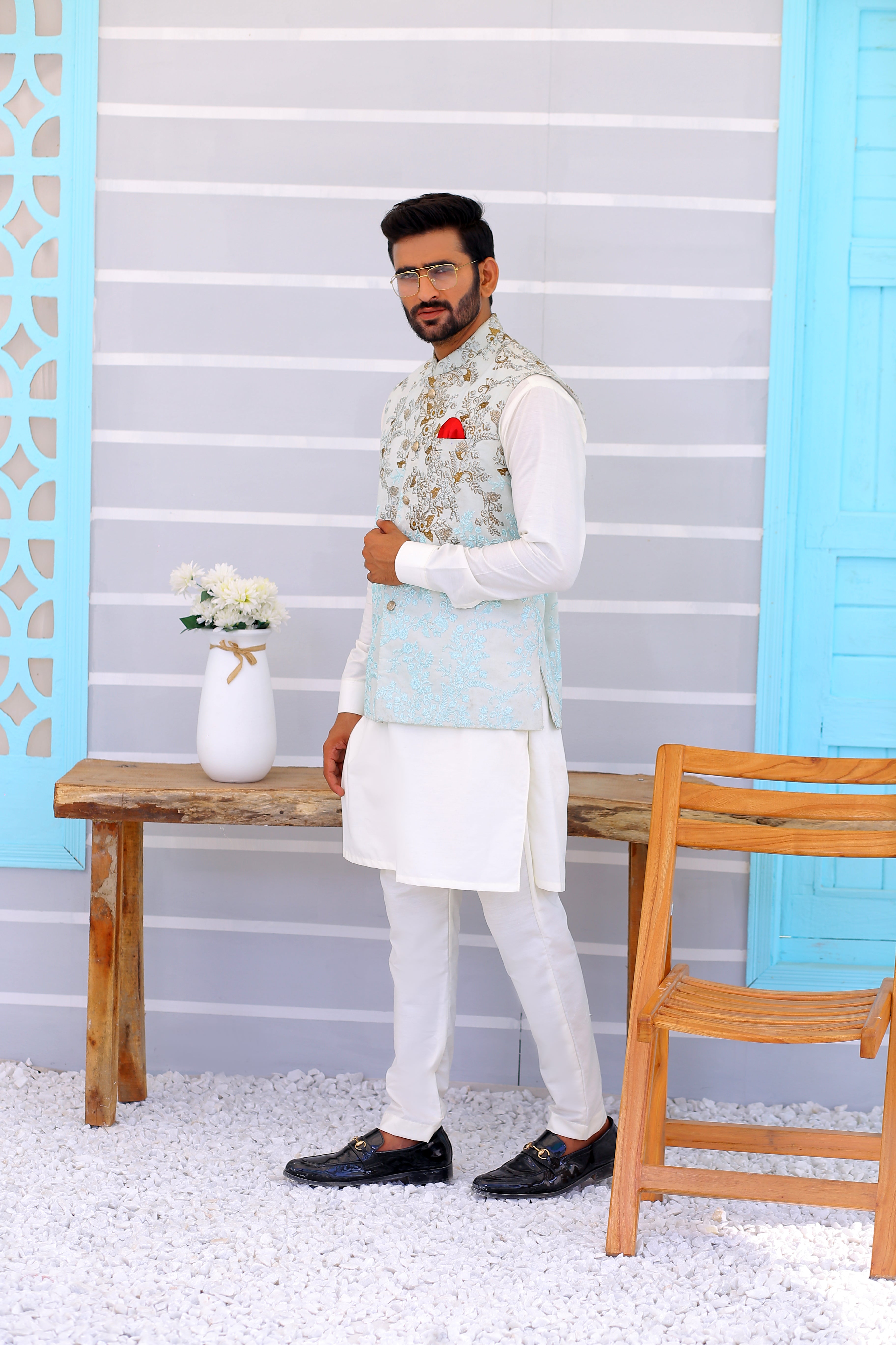 Sky Blue Embroidered Silk-Blend Waistcoat (3-Piece) - Image 5