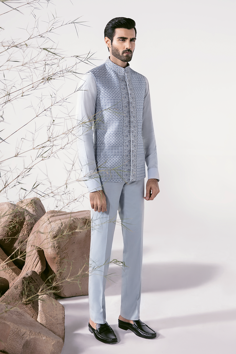 Ice Blue Hand-Embroidered Silk-Blend Waistcoat Kurta (3-Piece) - Image 1