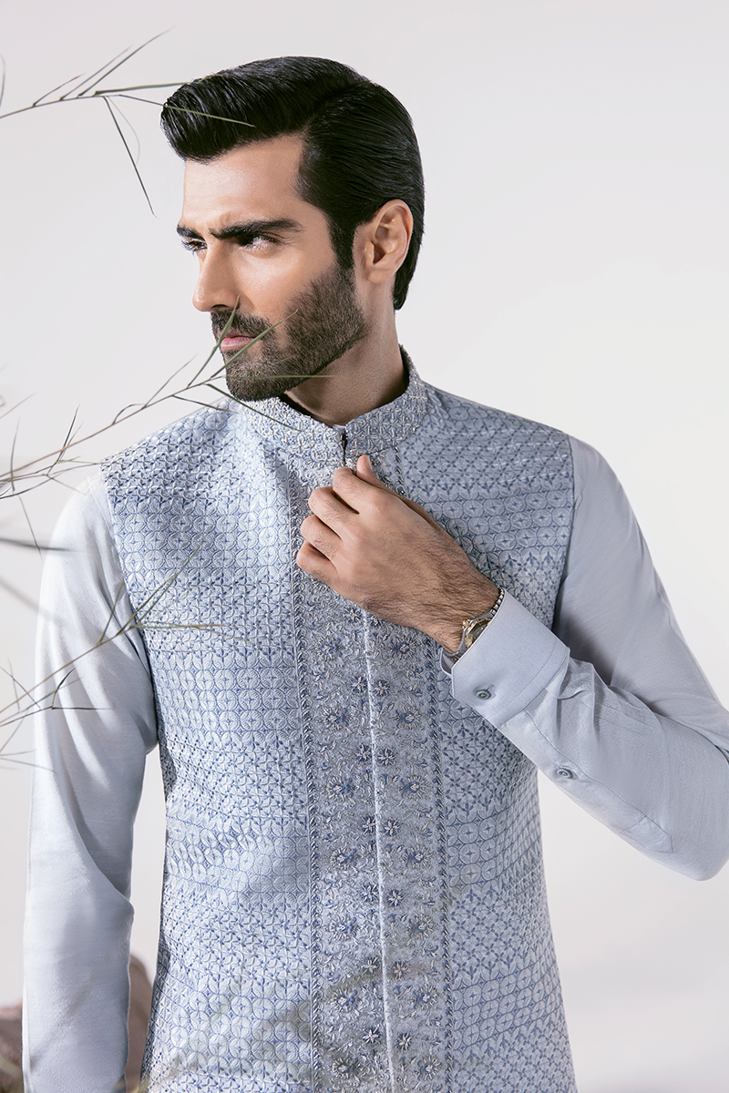 Ice Blue Hand-Embroidered Silk-Blend Waistcoat Kurta (3-Piece) - Image 2