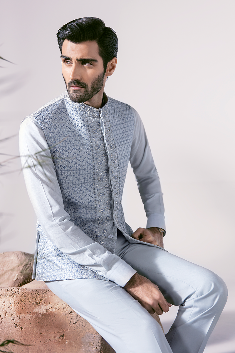 Ice Blue Hand-Embroidered Silk-Blend Waistcoat Kurta (2-Piece) - Image 3
