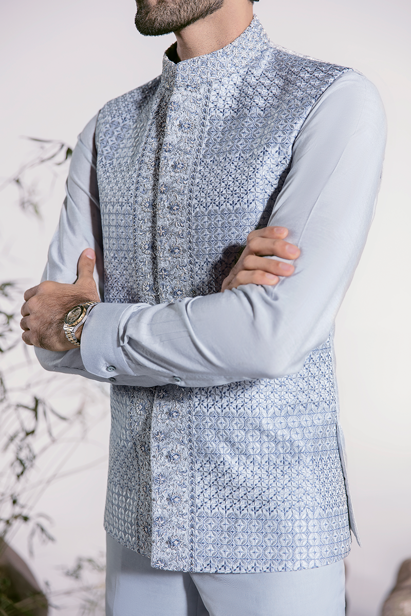 Ice Blue Hand-Embroidered Silk-Blend Waistcoat Kurta (2-Piece) - Image 6
