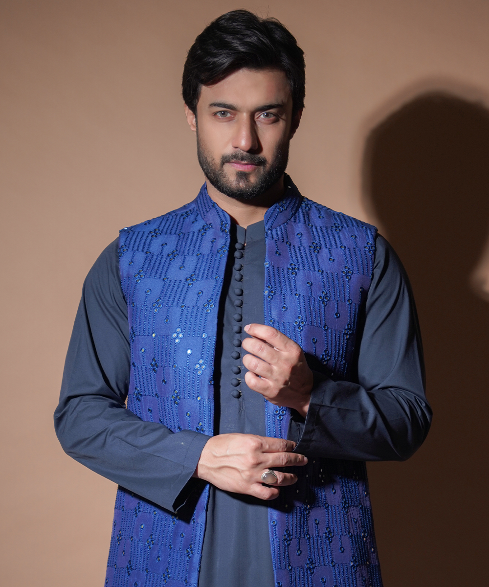 Ink Blue Mirror Work Silk-Blend Waistcoat Kurta (3-Piece) - Image 1