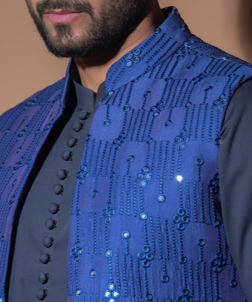 Ink Blue Mirror Work Silk-Blend Waistcoat Kurta (3-Piece) - Image 3