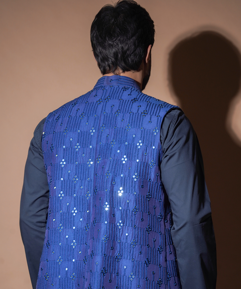 Ink Blue Mirror Work Silk-Blend Waistcoat Kurta (3-Piece) - Image 4