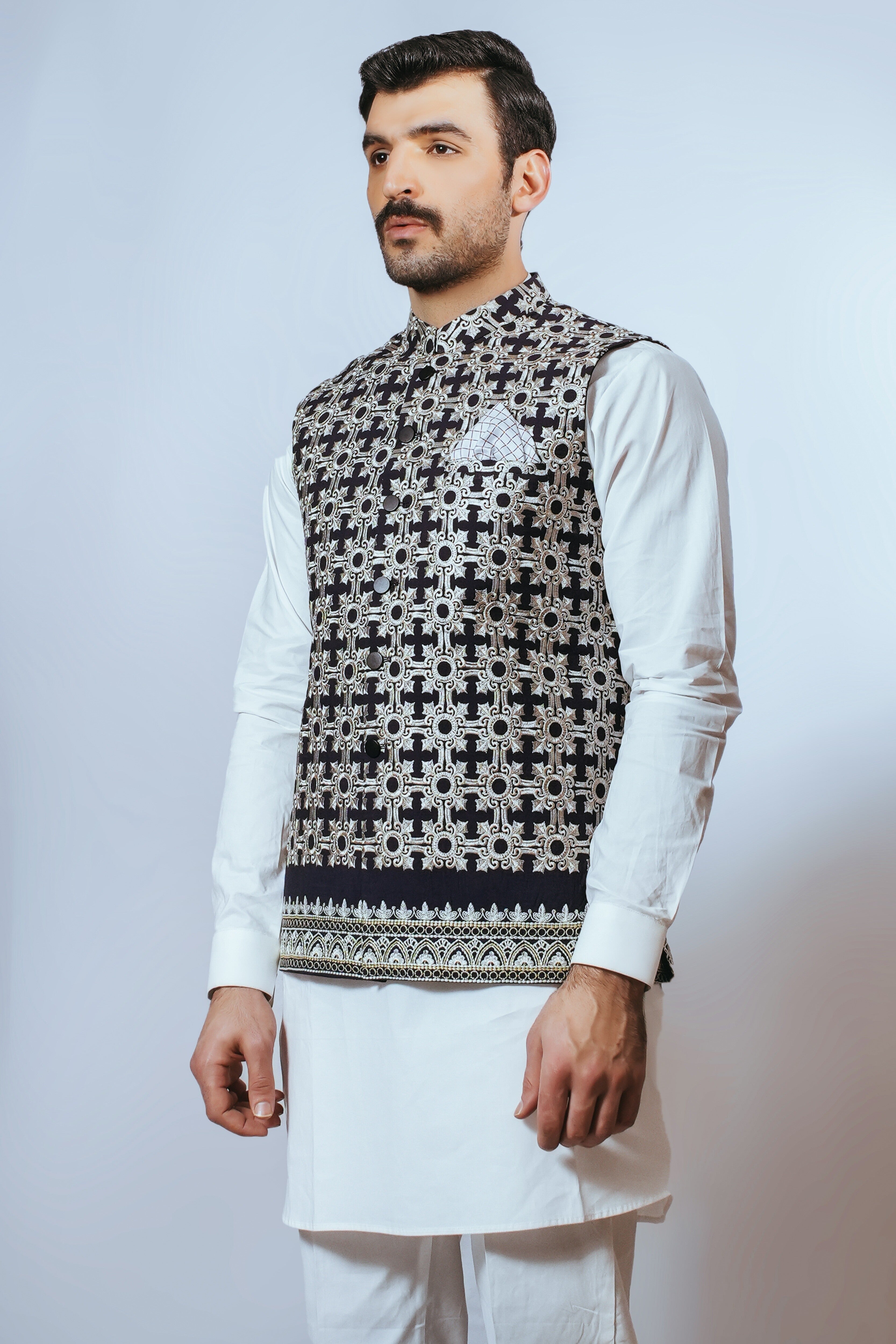 Deep Blue Geometric Embroidered Silk-Blend Waistcoat Kurta (3-Piece) - Image 1