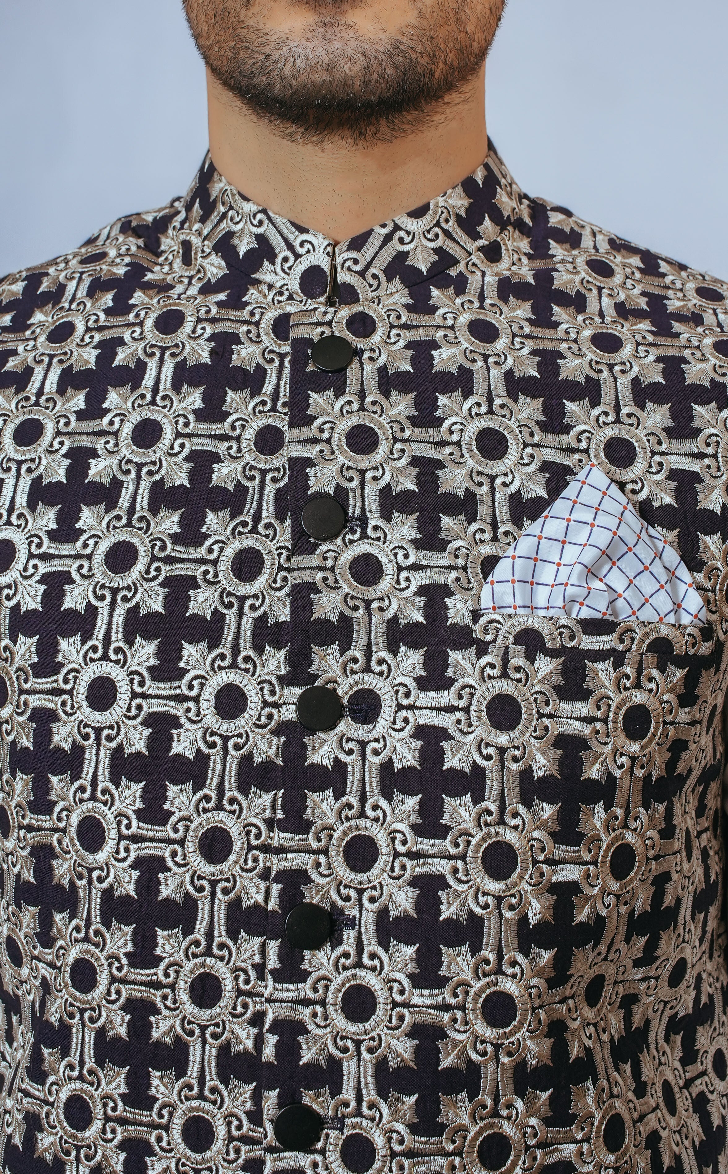 Deep Blue Geometric Embroidered Silk-Blend Waistcoat Kurta (3-Piece) - Image 3