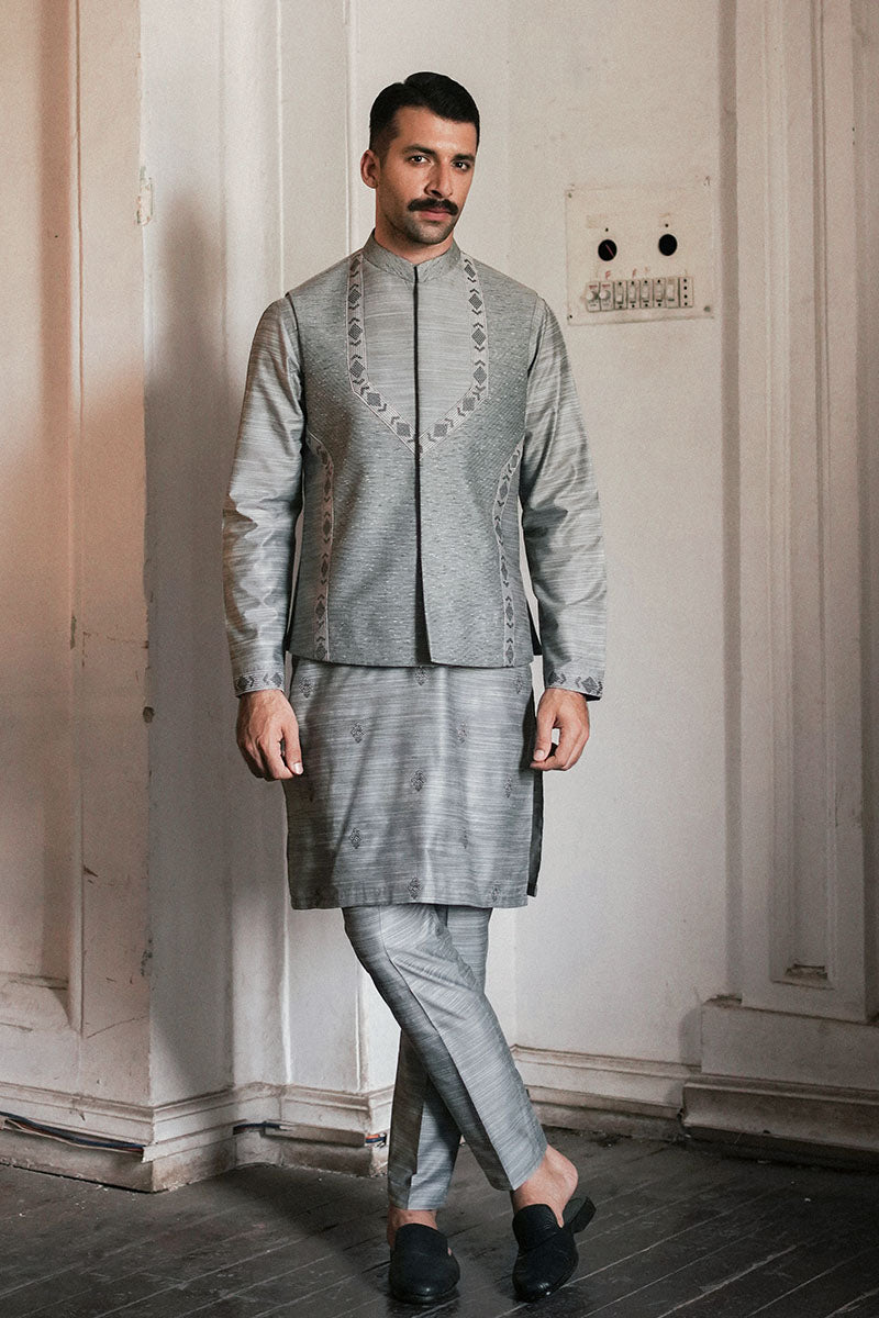 Pastel Blue Embroidered Silk Blend Waistcoat Kurta (3-Piece) - Image 1
