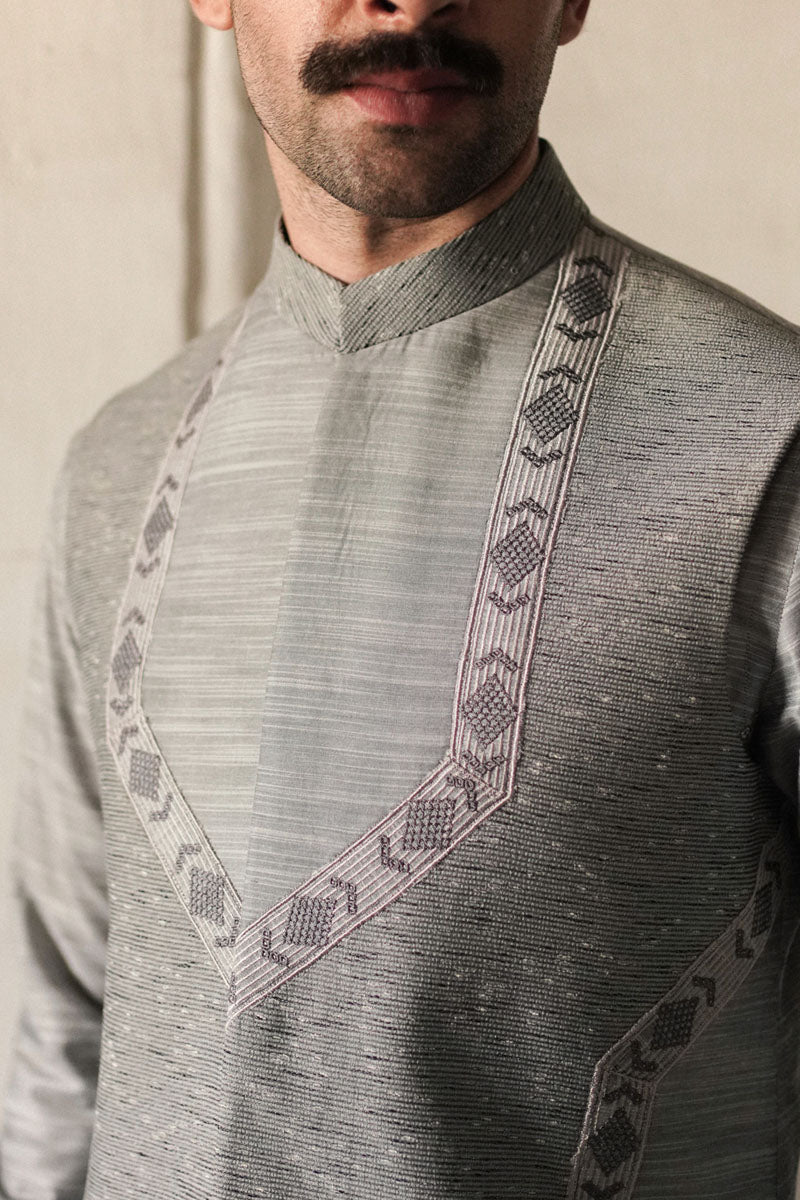 Pastel Blue Embroidered Silk Blend Waistcoat Kurta (3-Piece) - Image 3