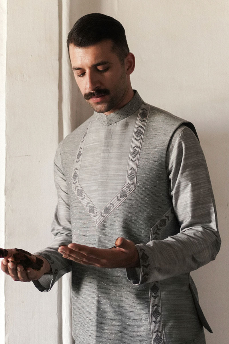 Pastel Blue Embroidered Silk Blend Waistcoat Kurta (3-Piece) - Image 4