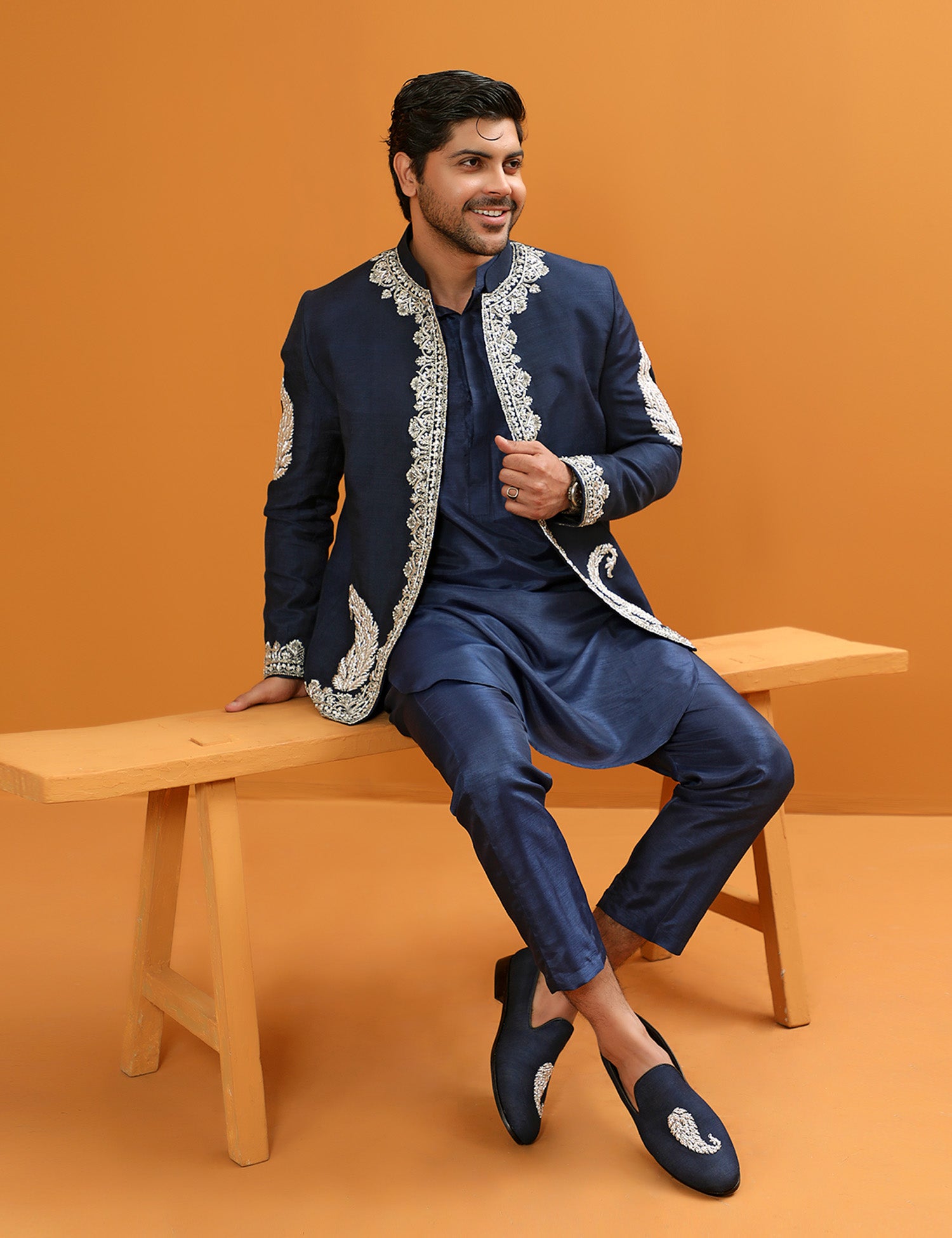 Deep Blue Embroidered Silk Waistcoat Kurta (3-Piece) - Image 3