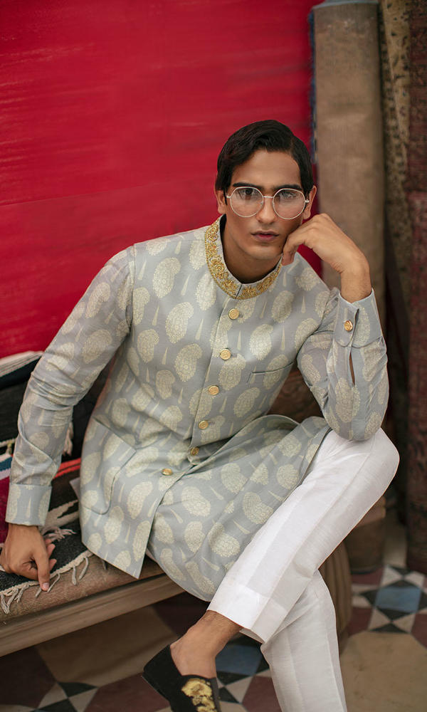 Pastel Paisley Jacquard Waistcoat Kurta Set (3-Piece) - Image 5