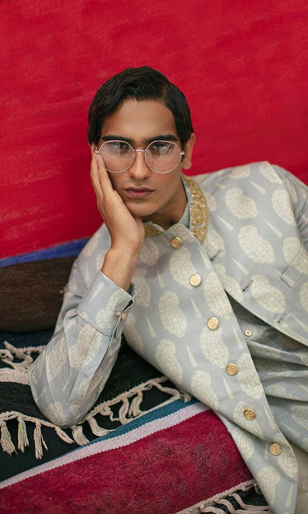 Pastel Paisley Jacquard Waistcoat Kurta Set (3-Piece) - Image 6