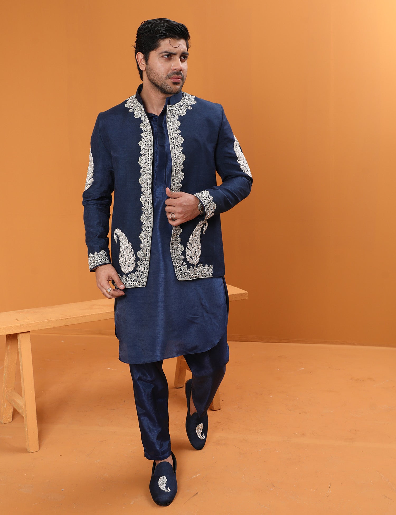 Deep Blue Embroidered Silk Waistcoat Kurta Pajama (3-Piece) - Image 1