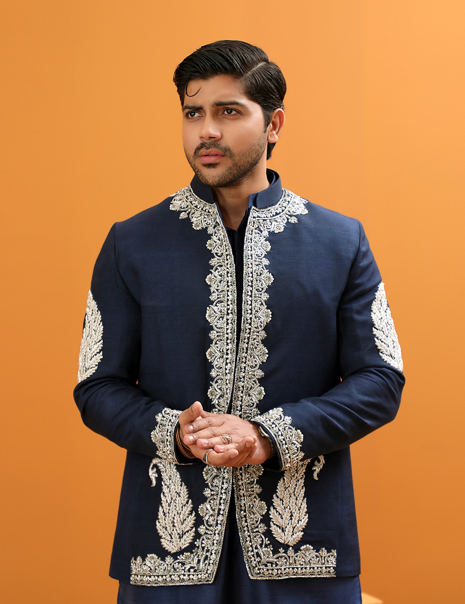 Deep Blue Embroidered Silk Waistcoat Kurta Pajama (3-Piece) - Image 2
