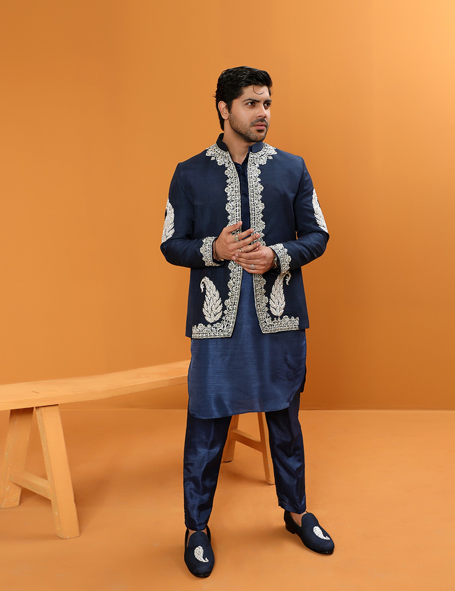 Deep Blue Embroidered Silk Waistcoat Kurta Pajama (3-Piece) - Image 4