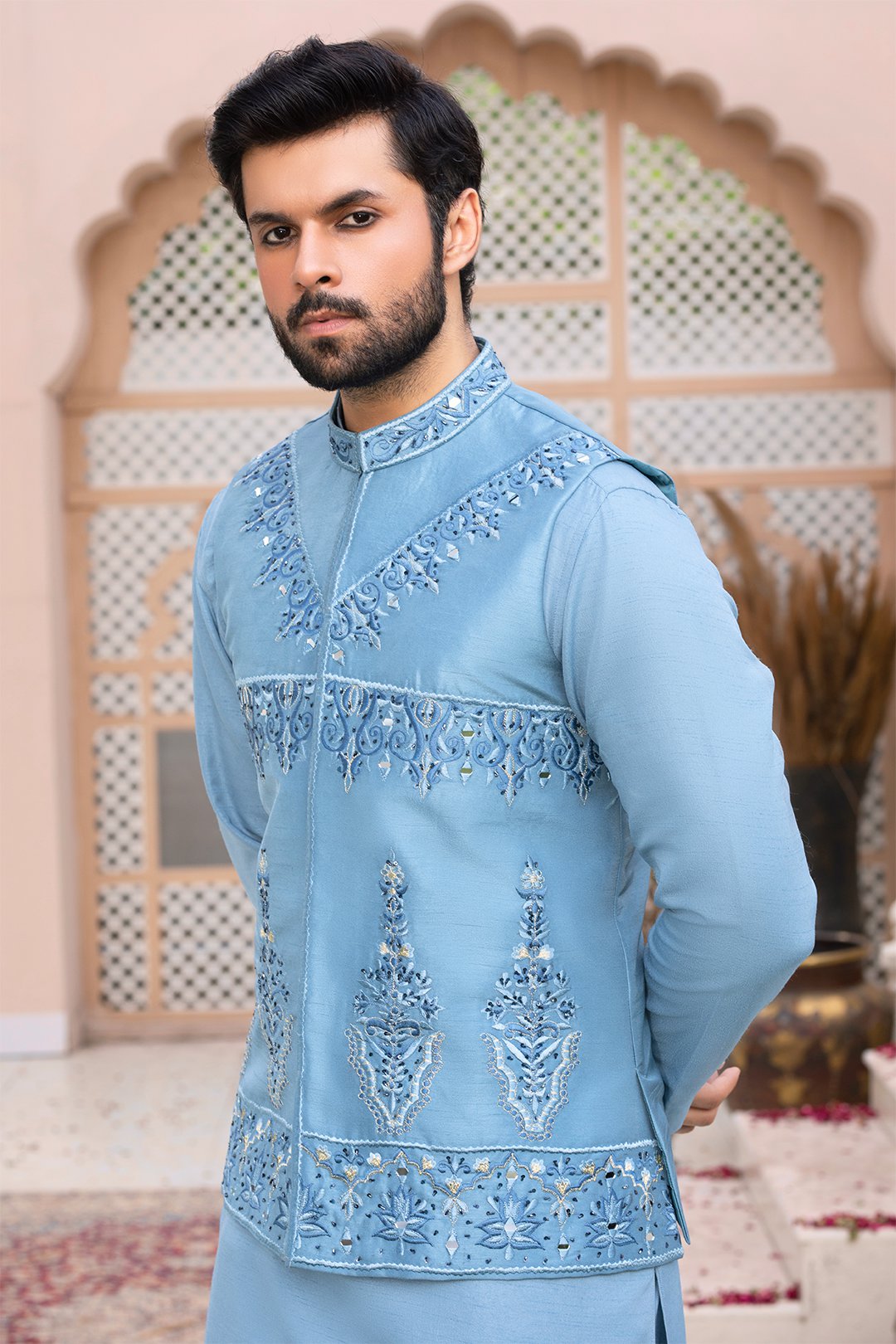 Ice Blue Embroidered Silk Waistcoat Kurta Set (3-Piece) - Image 4