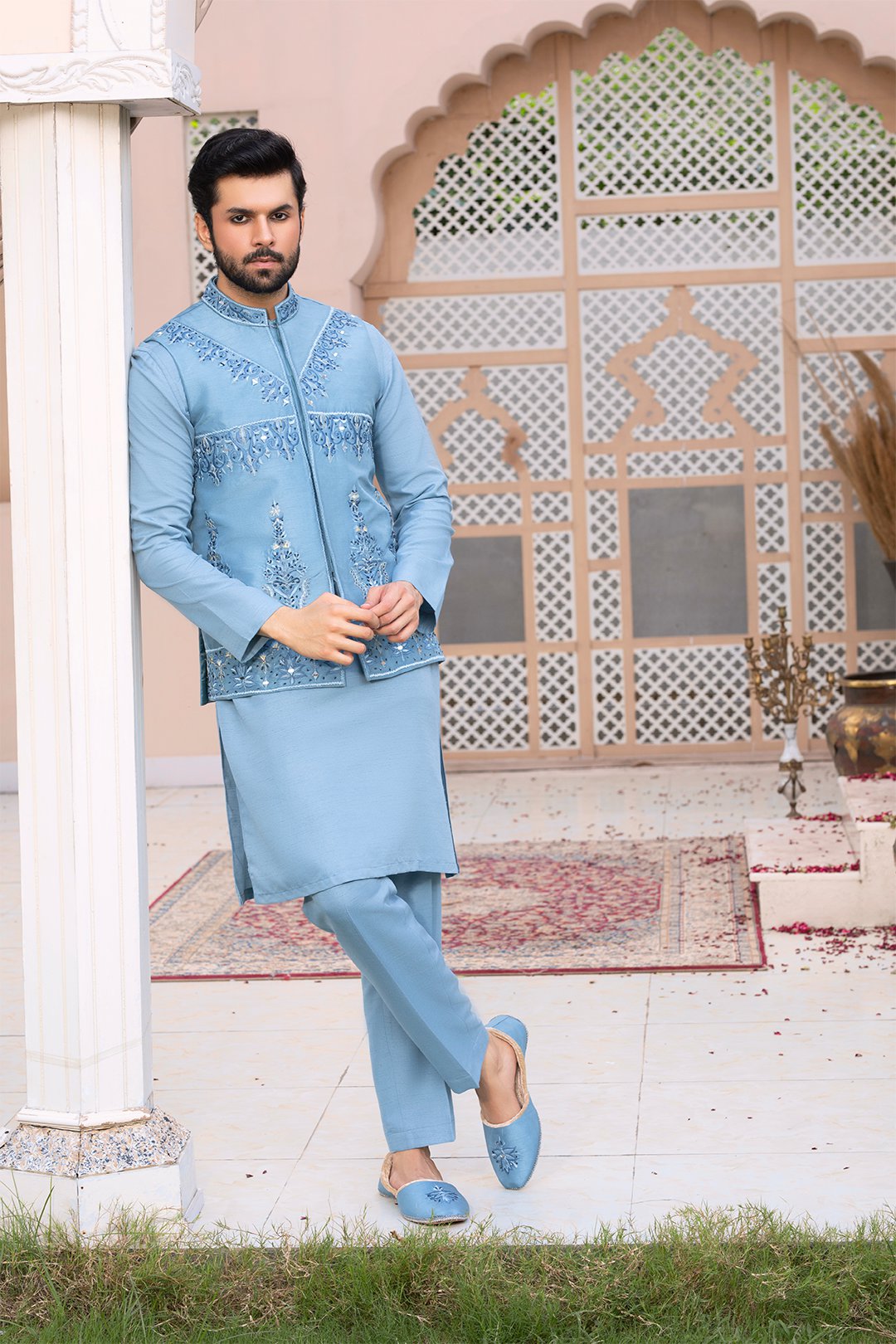 Ice Blue Embroidered Silk Waistcoat Kurta (3-Piece) - Image 1