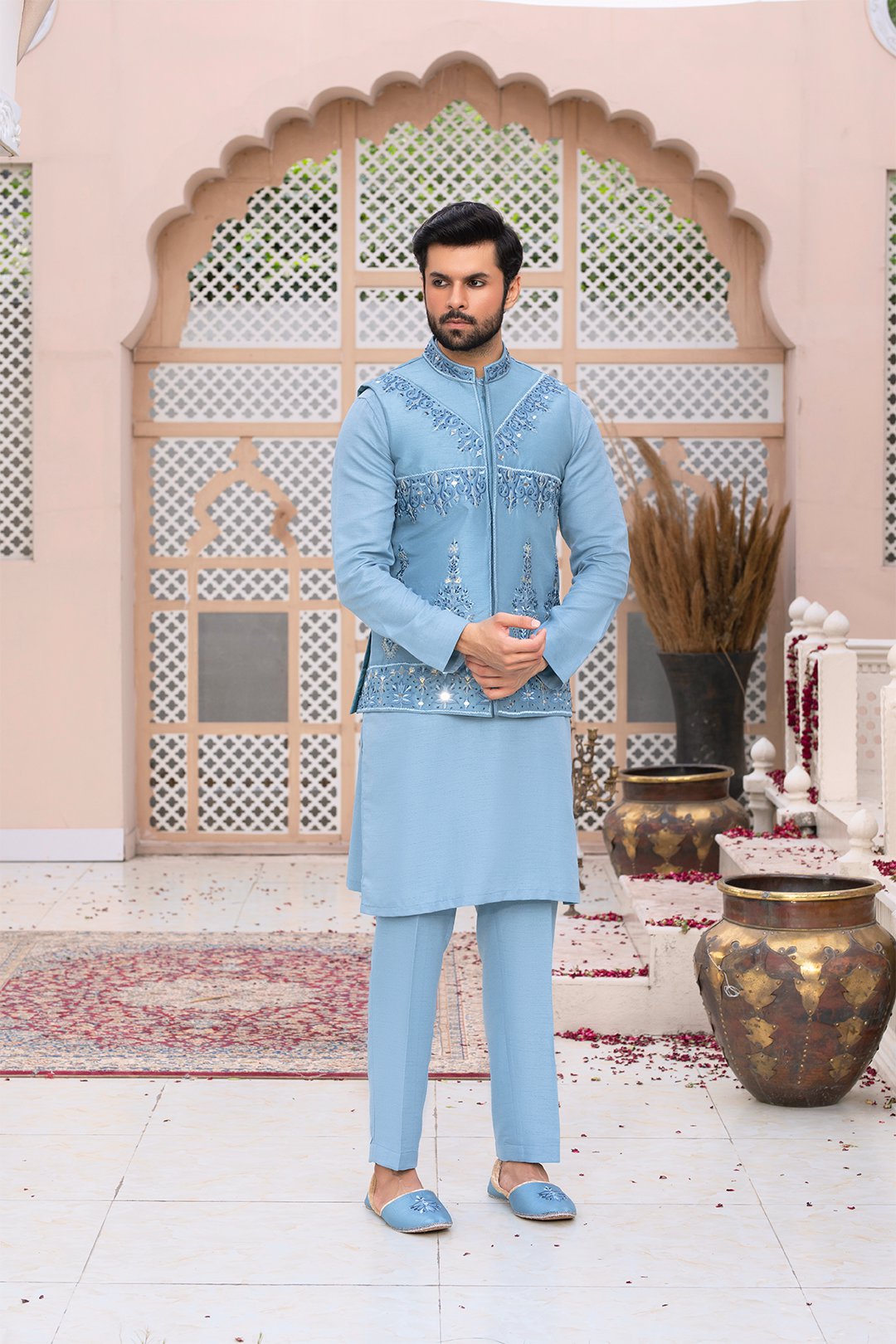Ice Blue Embroidered Silk Waistcoat Kurta (3-Piece) - Image 2