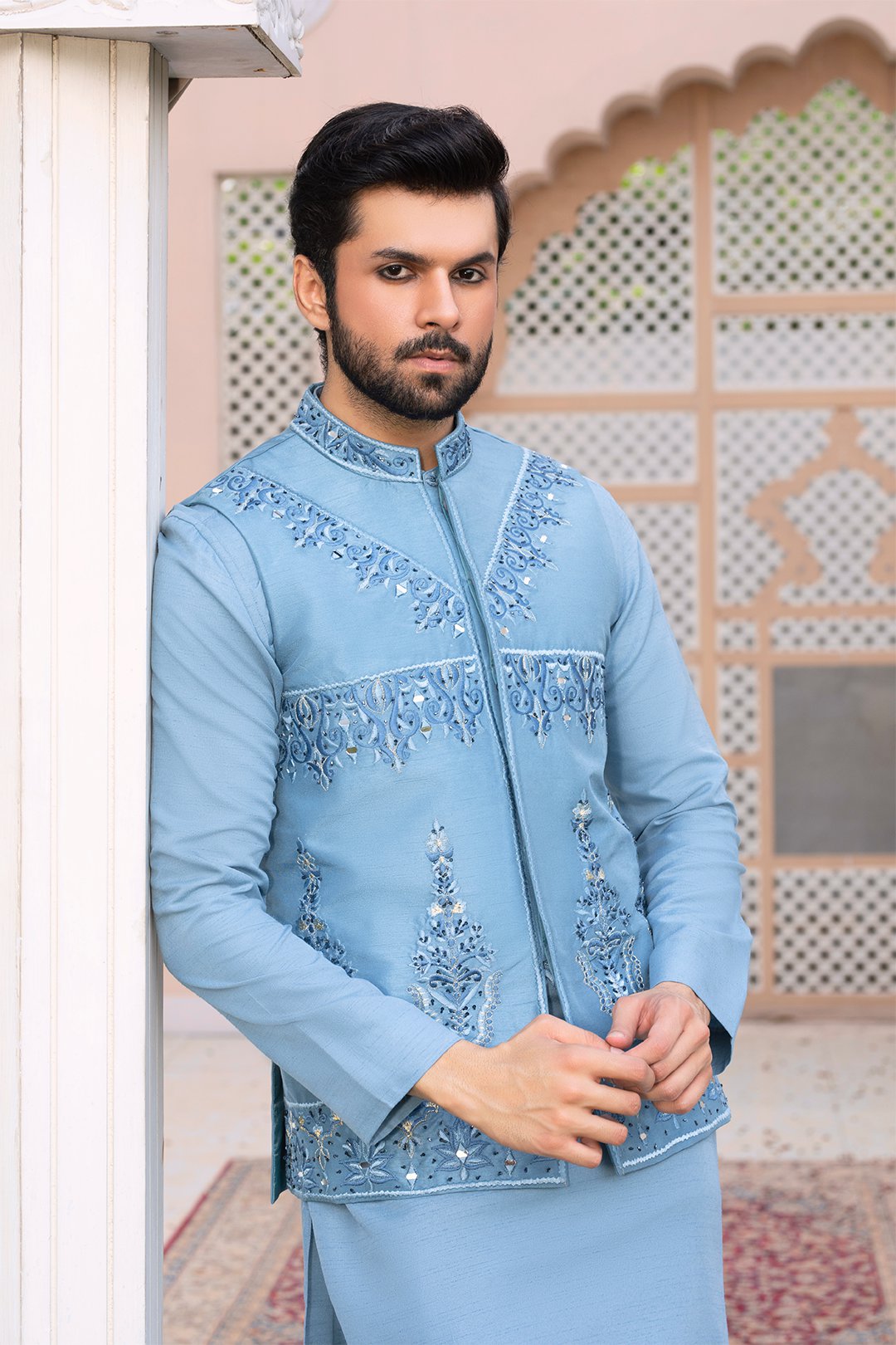 Ice Blue Embroidered Silk Waistcoat Kurta (3-Piece) - Image 3