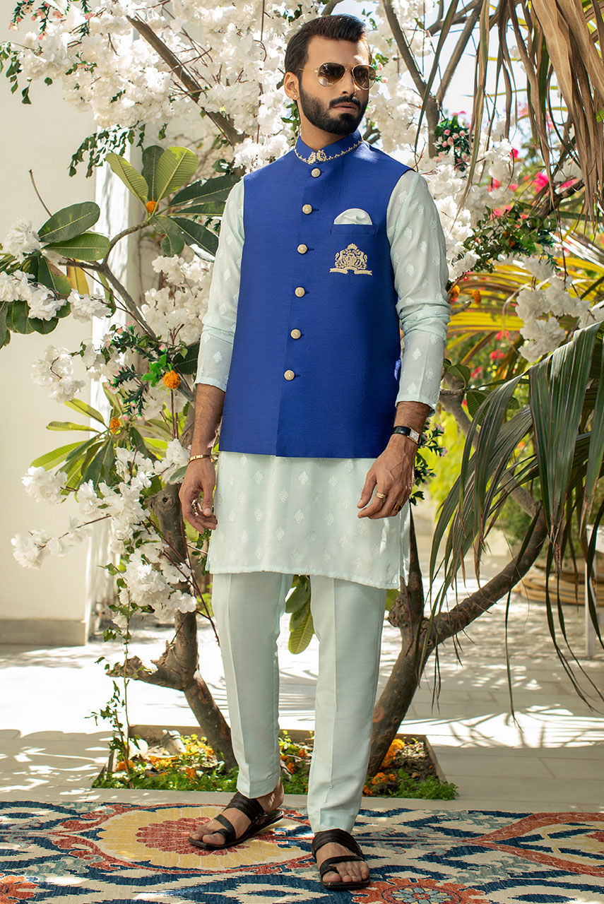 Royal Blue Embroidered Suiting Waistcoat (3-Piece) - Image 1