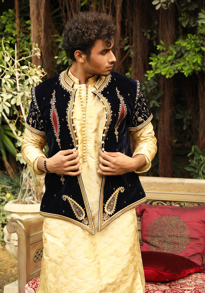 Deep Blue Embroidered Velvet Talpuri Waistcoat Suit (3-Piece) - Image 2